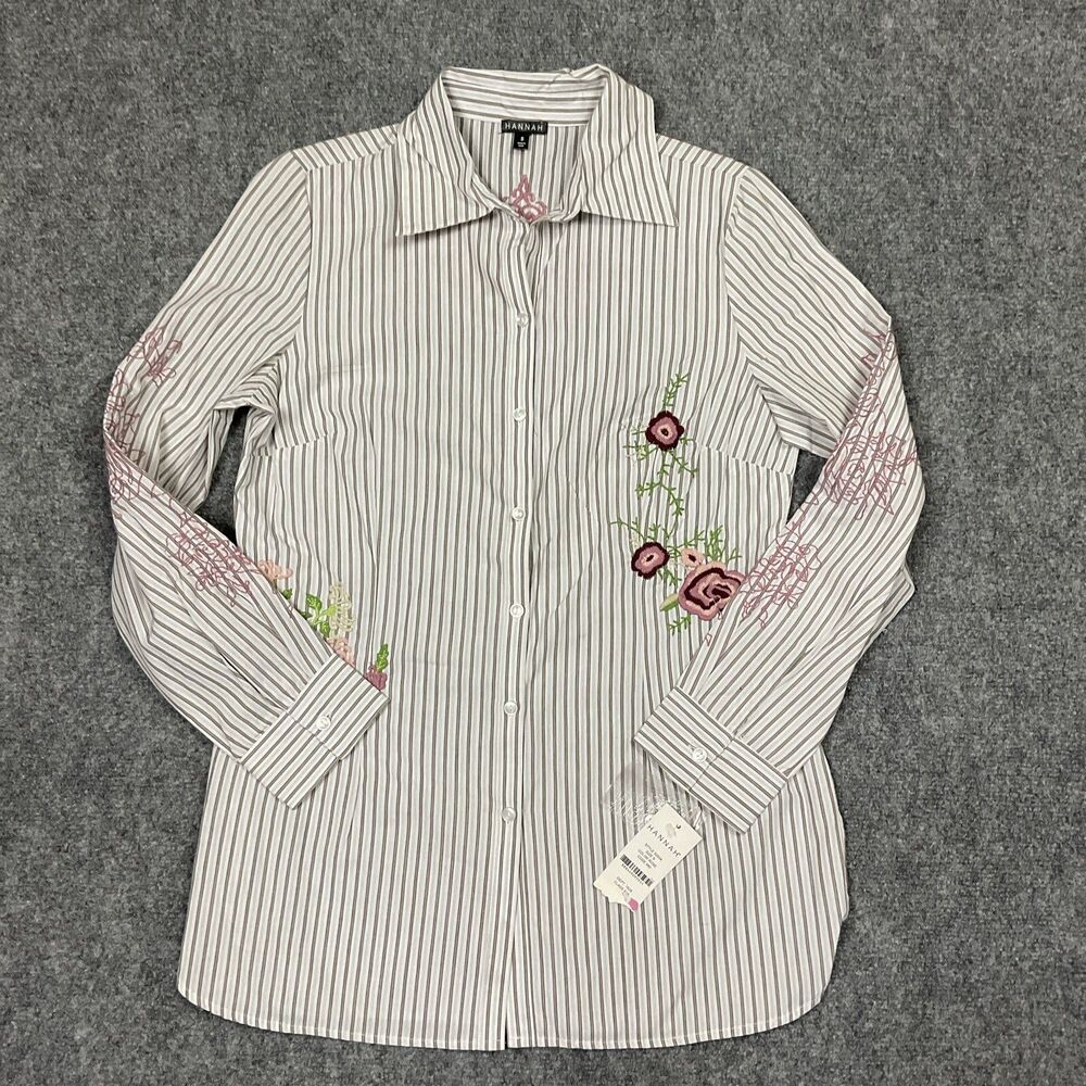 HANNAH Shirt Womens Sz S  White Brown Striped Floral Button Tunic Cottage